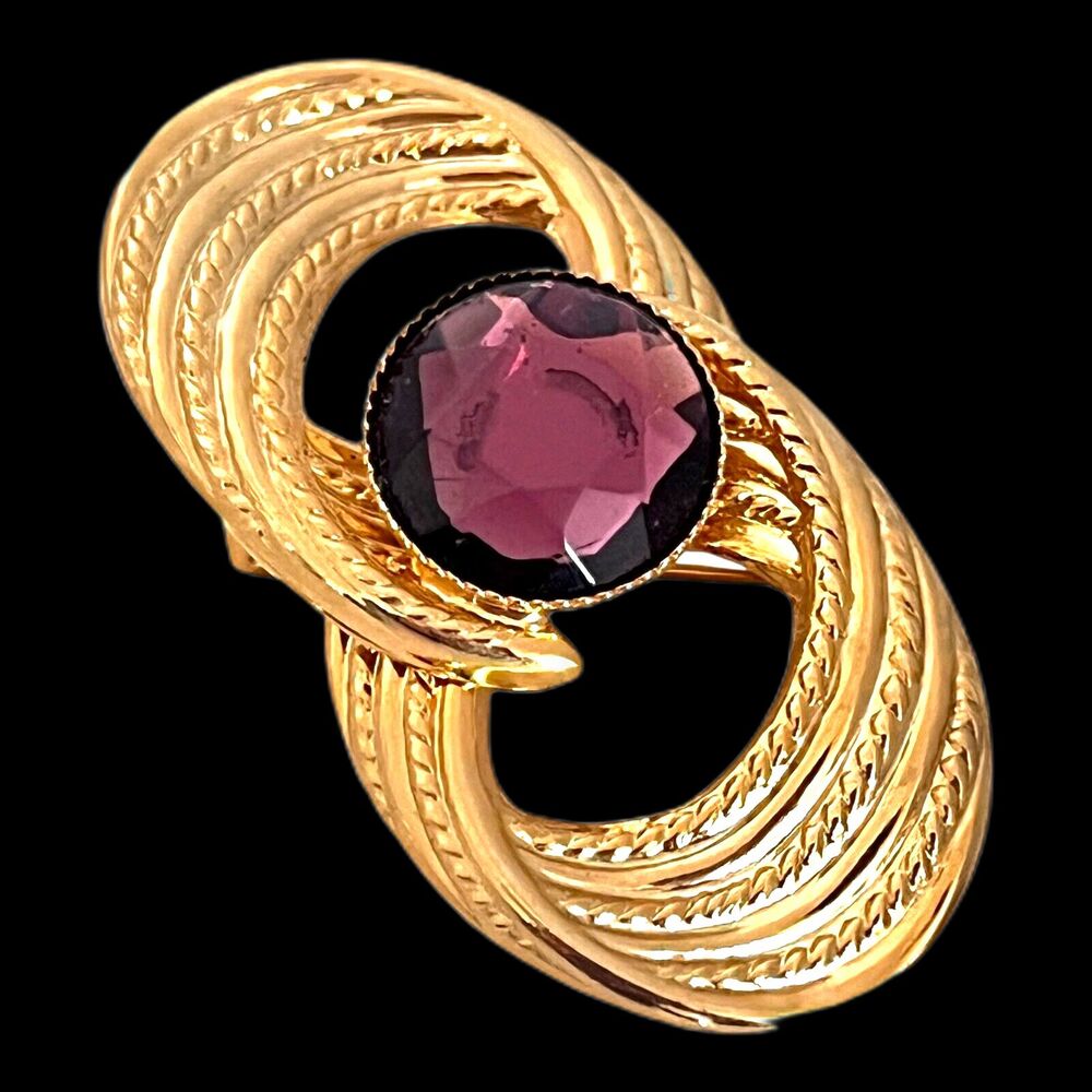 Vintage 1970s Brooch Gold Tone Purple Faceted Crystal Modernist Pin - 13F